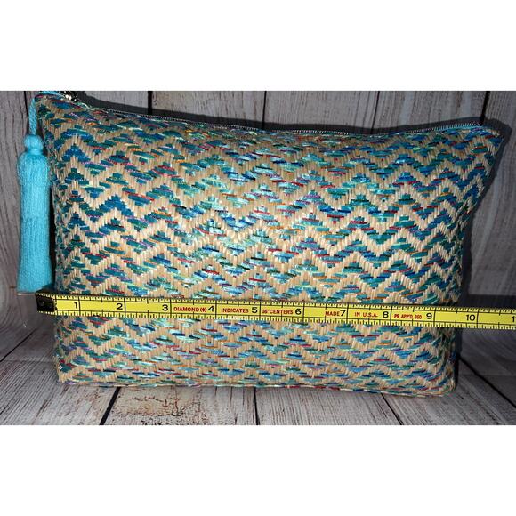 Lancome Paris Makeup Blue Beige Woven Straw Large Straw Cosmetic Bag Zipper - Picture 8 of 10